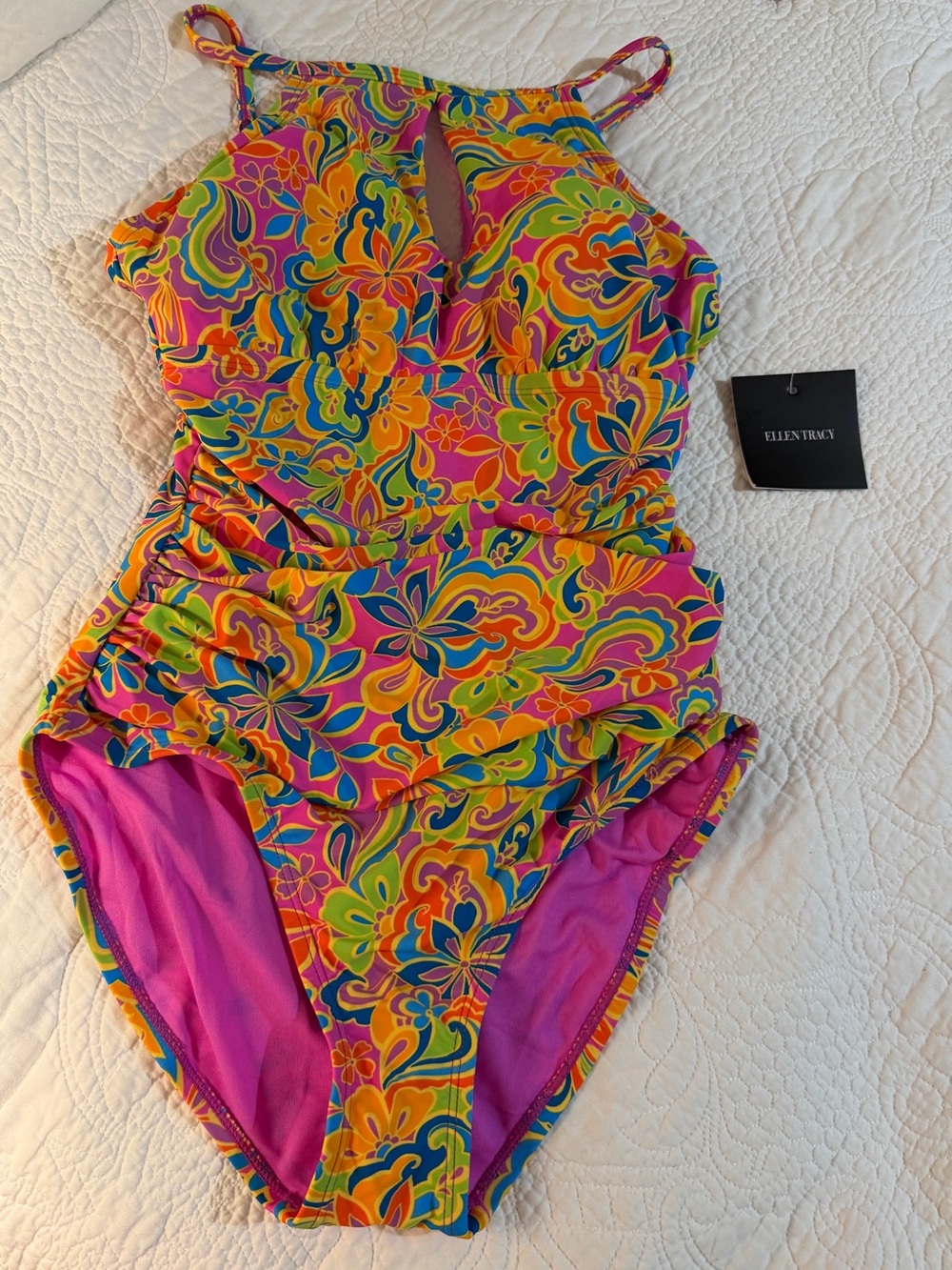 Ellen Tracy Bright Multicolor Floral Keyhole One-Piece Swimsuit Size 10